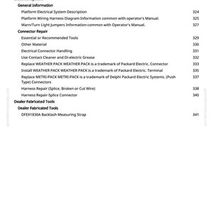May include: A page from a manual with a list of electrical system repair topics. The text includes "Replace Impeller Bearing", "Connector Repair", and "Dealer Fabricated Tools". The page has a white background with black text.