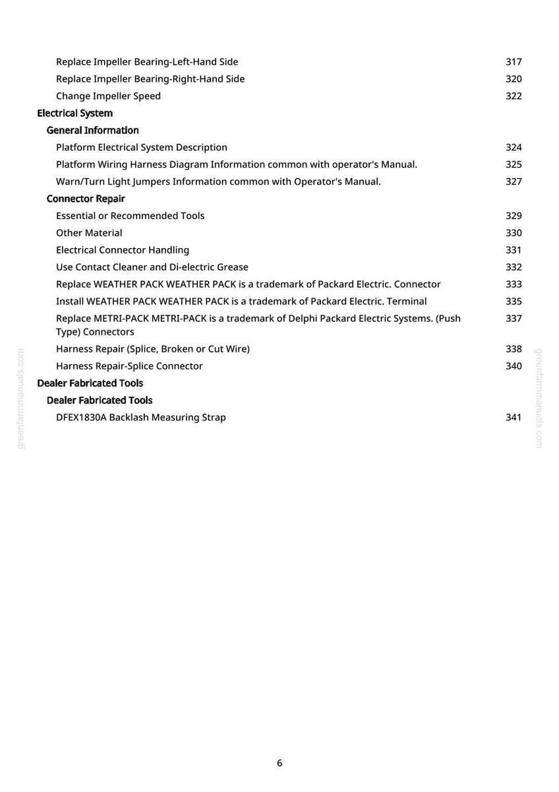 May include: A page from a manual with a list of electrical system repair topics. The text includes "Replace Impeller Bearing", "Connector Repair", and "Dealer Fabricated Tools". The page has a white background with black text.