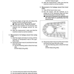 May include: A technical manual page with instructions for measuring oil leakage on a PC500LC-8 machine. The page includes diagrams, part numbers, and step-by-step procedures for testing and adjusting the equipment.