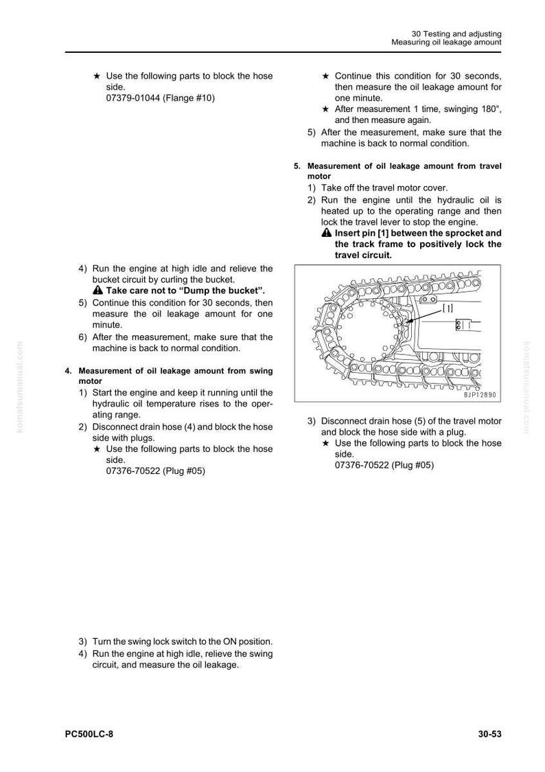 May include: A technical manual page with instructions for measuring oil leakage on a PC500LC-8 machine. The page includes diagrams, part numbers, and step-by-step procedures for testing and adjusting the equipment.