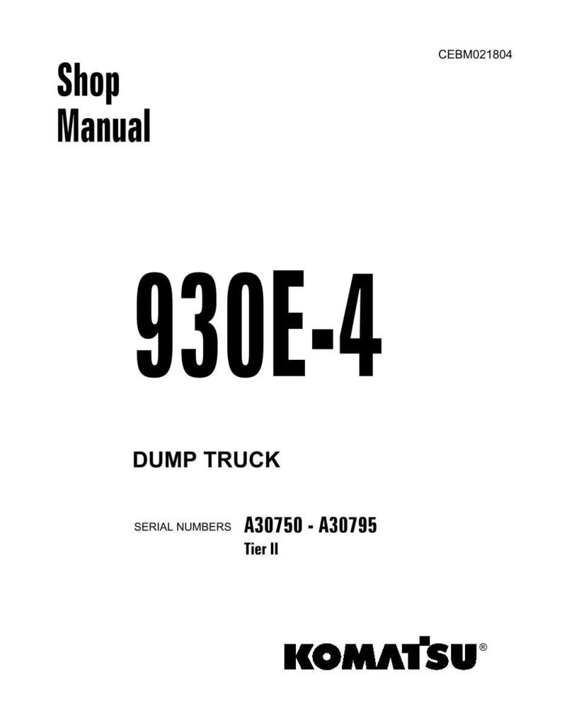 May include: A white shop manual cover with the text "Shop Manual" in black. The number "930E-4" is prominently displayed. Below, it reads "DUMP TRUCK" and "SERIAL NUMBERS A30750 - A30795 Tier II". The Komatsu logo is at the bottom.