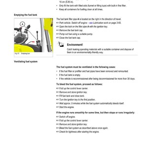 May include: A page from a Wacker Neuson servicing manual. The text provides instructions on emptying and ventilating the fuel tank, including safety precautions and environmental guidelines. The image includes a diagram of the fuel tank filler pipe.