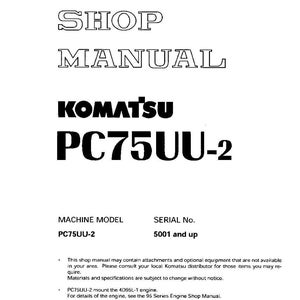 Pode incluir: Um manual de oficina branco com o texto "SHOP MANUAL" em negrito e contornado. O logotipo da Komatsu e "PC75UU-2" s&atilde;o exibidos em destaque. O manual inclui detalhes sobre o modelo da m&aacute;quina e o n&uacute;mero de s&eacute;rie.