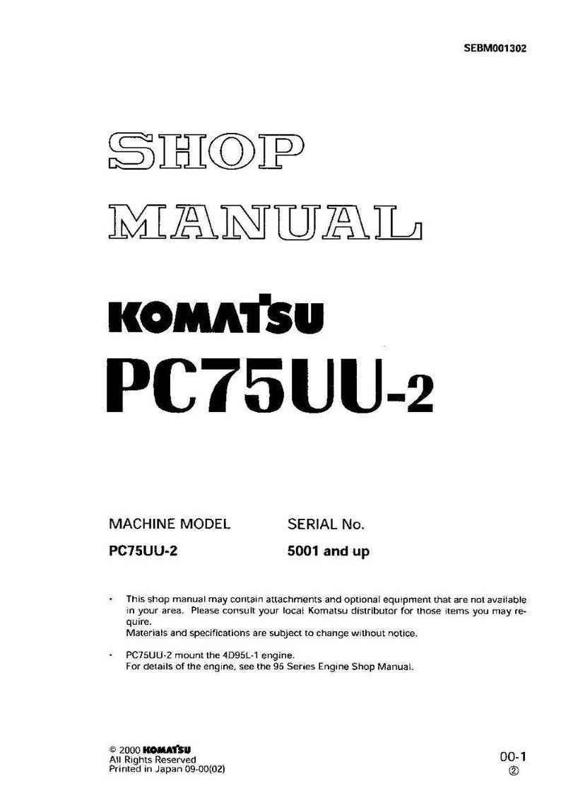 Pode incluir: Um manual de oficina branco com o texto "SHOP MANUAL" em negrito e contornado. O logotipo da Komatsu e "PC75UU-2" s&atilde;o exibidos em destaque. O manual inclui detalhes sobre o modelo da m&aacute;quina e o n&uacute;mero de s&eacute;rie.