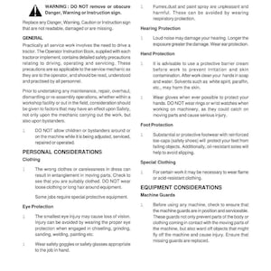 Puede incluir: Una p&aacute;gina del manual de servicio del taller titulada "Introducci&oacute;n y seguridad". Incluye advertencias de seguridad, pautas generales y consideraciones personales para la ropa, la protecci&oacute;n ocular, la respiraci&oacute;n, la audici&oacute;n, las manos y la protecci&oacute;n de los pies. El manual tambi&eacute;n cubre consideraciones sobre el equipo.