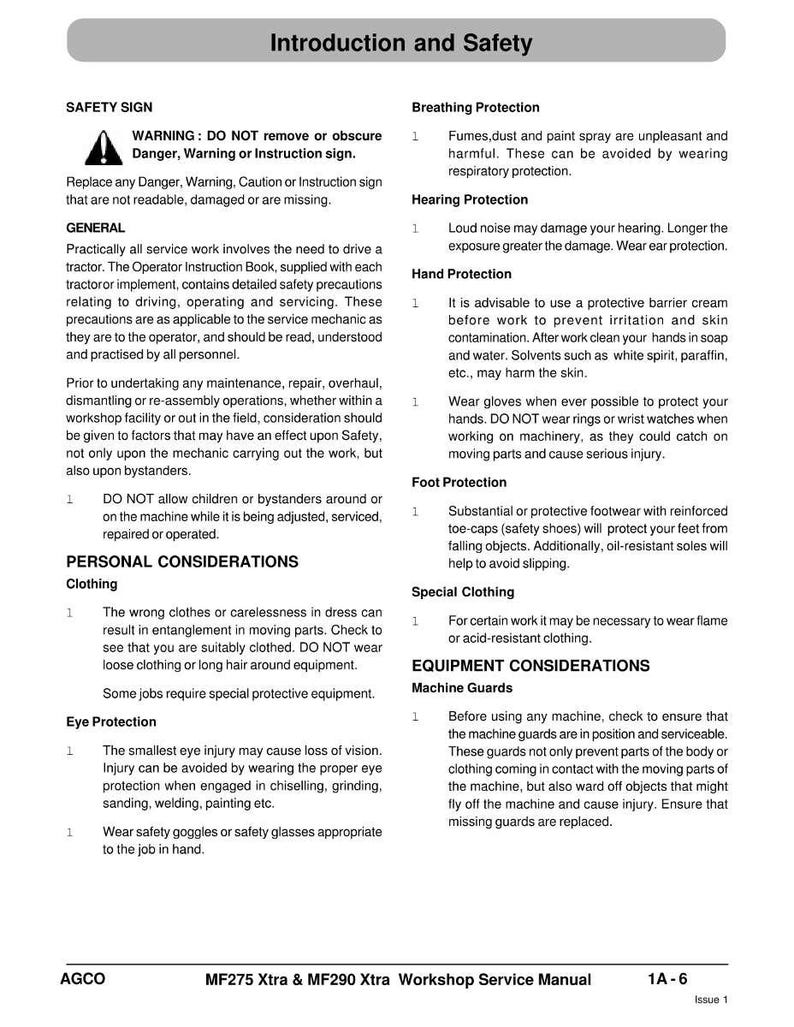 Puede incluir: Una p&aacute;gina del manual de servicio del taller titulada "Introducci&oacute;n y seguridad". Incluye advertencias de seguridad, pautas generales y consideraciones personales para la ropa, la protecci&oacute;n ocular, la respiraci&oacute;n, la audici&oacute;n, las manos y la protecci&oacute;n de los pies. El manual tambi&eacute;n cubre consideraciones sobre el equipo.