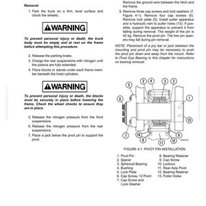 May include: Diagram of rear axle housing attachments with instructions for pivot pin removal. Includes a warning about safety and a detailed diagram with numbered parts like pivot pin, spacer, and bearing retainer. The weight of the pin is 42 kg.