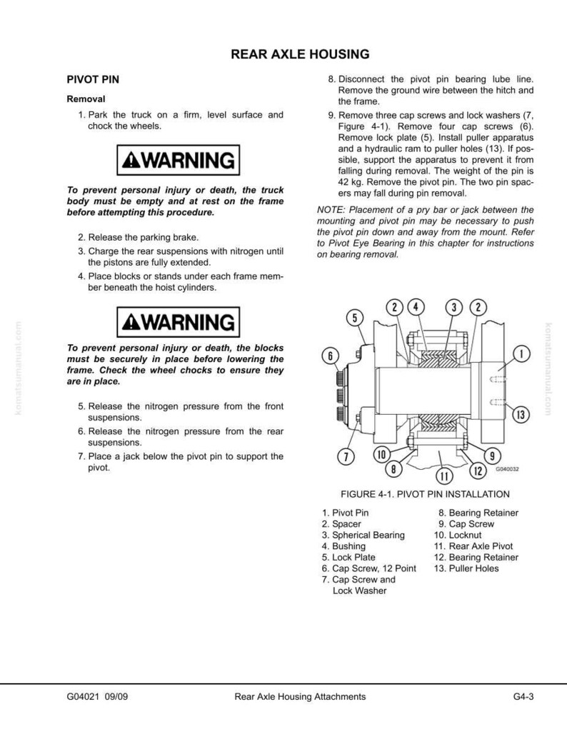 May include: Diagram of rear axle housing attachments with instructions for pivot pin removal. Includes a warning about safety and a detailed diagram with numbered parts like pivot pin, spacer, and bearing retainer. The weight of the pin is 42 kg.