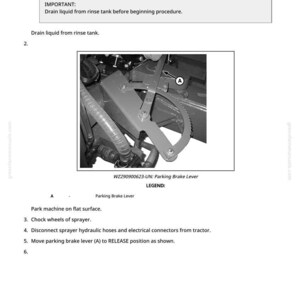 Op de afbeelding: Diagram uit een handleiding met het proces voor het verwijderen en installeren van een parkeerrembedieningsassemblage. De afbeelding bevat een close-up van de parkeerremhendel en instructies. Tekst omvat "Aftappen vloeistof uit spoeltank".
