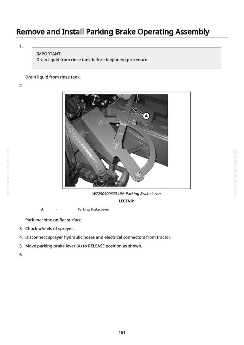 Op de afbeelding: Diagram uit een handleiding met het proces voor het verwijderen en installeren van een parkeerrembedieningsassemblage. De afbeelding bevat een close-up van de parkeerremhendel en instructies. Tekst omvat "Aftappen vloeistof uit spoeltank".