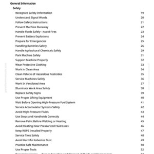 K&ouml;nnte beinhalten: Eine Inhaltsseite aus einem Handbuch mit dem Titel "Table of Contents". Es listet sicherheitsrelevante Themen wie Maschinenbedienung und Wartungsverfahren auf. Die Seitenzahl ist 2.