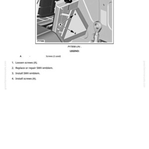 Puede incluir: Diagrama que ilustra la sustituci&oacute;n de un emblema SMV. La imagen muestra un emblema triangular con flechas que se&ntilde;alan los tornillos. El texto incluye instrucciones: aflojar tornillos, reemplazar emblema, instalar emblema y tornillos.
