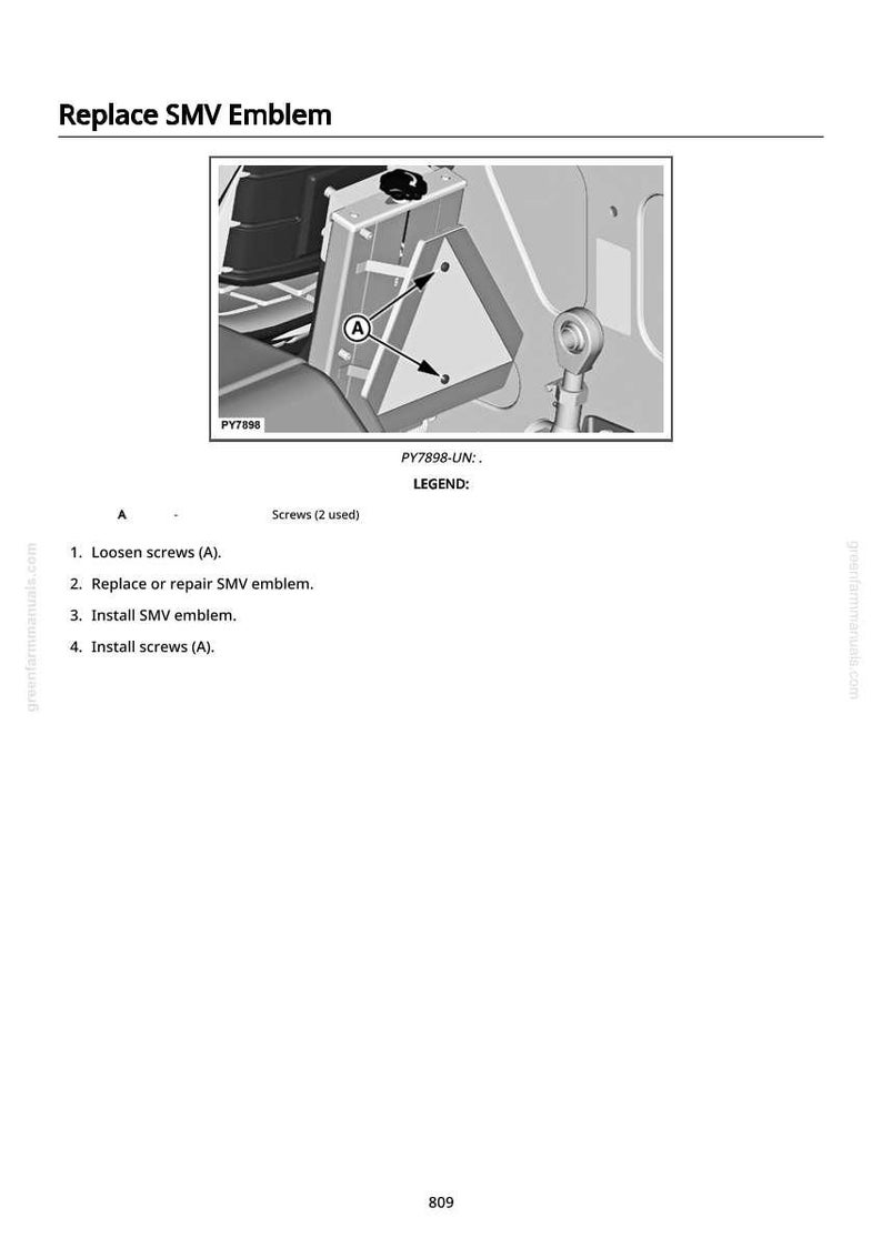 Puede incluir: Diagrama que ilustra la sustituci&oacute;n de un emblema SMV. La imagen muestra un emblema triangular con flechas que se&ntilde;alan los tornillos. El texto incluye instrucciones: aflojar tornillos, reemplazar emblema, instalar emblema y tornillos.