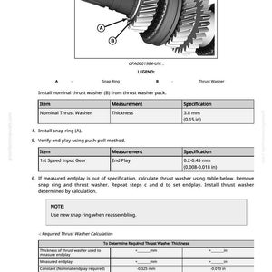 May include: Diagram of mechanical components with labels A and B pointing to a snap ring and thrust washer. Specifications include 3.8 mm (0.15 in) thickness and 0.2-0.45 mm (0.008-0.018 in) end play.