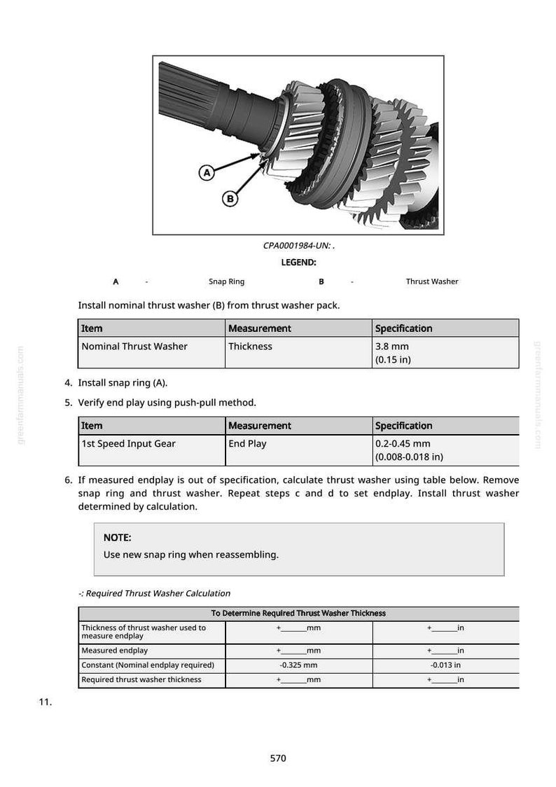 May include: Diagram of mechanical components with labels A and B pointing to a snap ring and thrust washer. Specifications include 3.8 mm (0.15 in) thickness and 0.2-0.45 mm (0.008-0.018 in) end play.