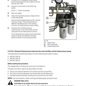 May include: Diagram of fuel system maintenance procedure. Includes a manometer, ring eyelet, and banjo bolt. Text details steps for checking fuel feed pressure and testing the feed pressure between the fuel filter and high-pressure pump.