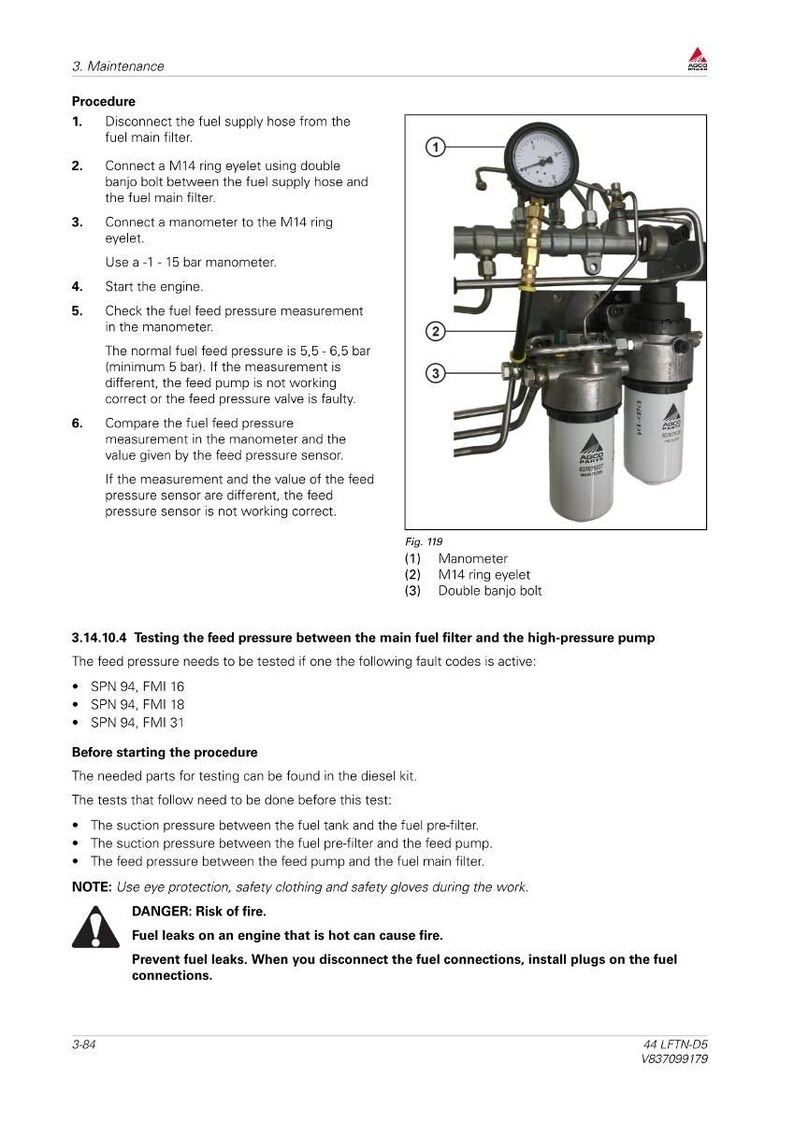 May include: Diagram of fuel system maintenance procedure. Includes a manometer, ring eyelet, and banjo bolt. Text details steps for checking fuel feed pressure and testing the feed pressure between the fuel filter and high-pressure pump.