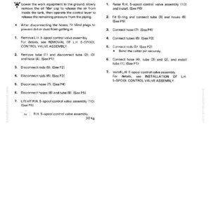 May include: A technical diagram with instructions for removing and installing a 5-spool control valve assembly. The text includes steps for disconnecting hoses, tubes, and rods. The assembly weighs 30 kg.