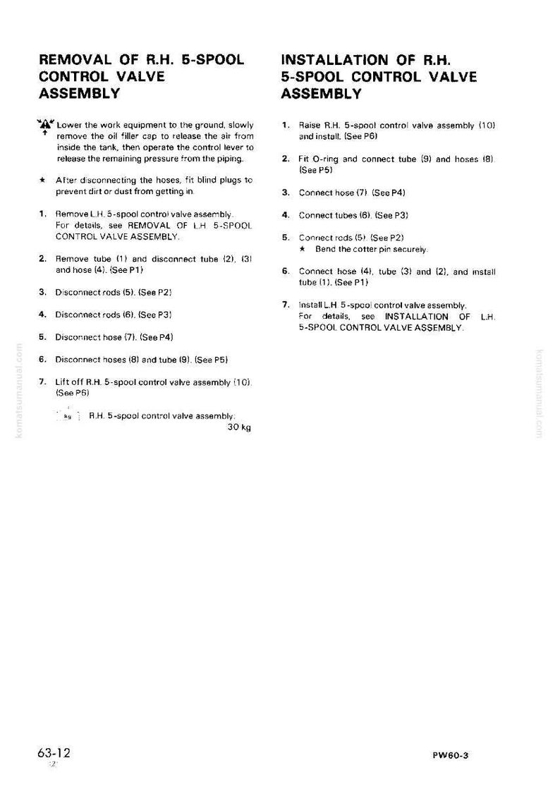 May include: A technical diagram with instructions for removing and installing a 5-spool control valve assembly. The text includes steps for disconnecting hoses, tubes, and rods. The assembly weighs 30 kg.