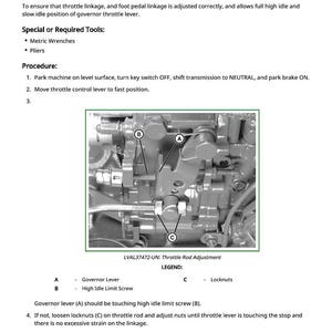 Op de afbeelding: Diagram van de afstelling van de gasklepstang met labels voor de gashendel, de stationairloopschroef en de borgmoeren. Instructies zijn inbegrepen.