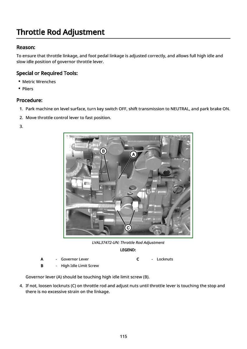Op de afbeelding: Diagram van de afstelling van de gasklepstang met labels voor de gashendel, de stationairloopschroef en de borgmoeren. Instructies zijn inbegrepen.