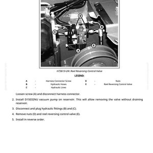 May include: Diagram showing the removal and installation of a reel reversing control valve. The image details the valve assembly with labelled components, including screws, hoses, and lines. Text provides step-by-step instructions for the process.