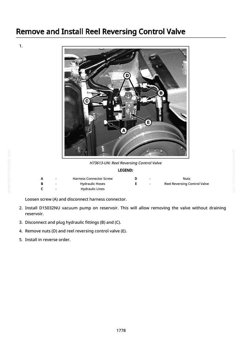 May include: Diagram showing the removal and installation of a reel reversing control valve. The image details the valve assembly with labelled components, including screws, hoses, and lines. Text provides step-by-step instructions for the process.