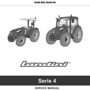 Puede incluir: Una portada de manual con ilustraciones de dos tractores, uno con toldo y otro con cabina. Se muestra el logotipo "ARGO TRACTORS" y la marca "Landini". Tambi&eacute;n est&aacute; presente el texto "Serie 4" y los detalles del manual.