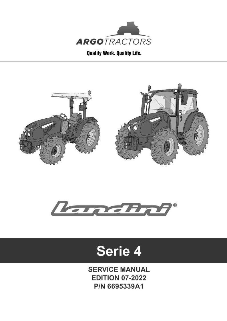 Puede incluir: Una portada de manual con ilustraciones de dos tractores, uno con toldo y otro con cabina. Se muestra el logotipo "ARGO TRACTORS" y la marca "Landini". Tambi&eacute;n est&aacute; presente el texto "Serie 4" y los detalles del manual.
