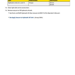 May include: A technical document with specifications for hydraulic lines. It includes torque measurements of 70 N-m (52 lb-ft) and 35 N-m (26 lb-ft). Additional instructions are provided for maintenance and service.