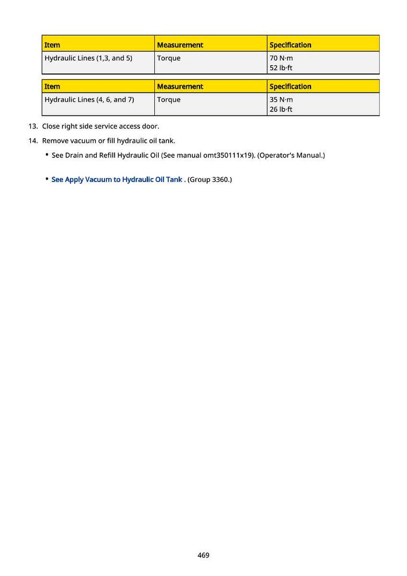 May include: A technical document with specifications for hydraulic lines. It includes torque measurements of 70 N-m (52 lb-ft) and 35 N-m (26 lb-ft). Additional instructions are provided for maintenance and service.