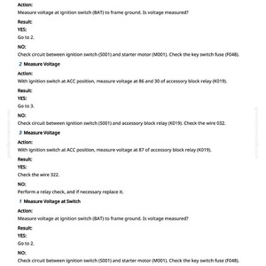 May include: A page from a manual detailing the 50AD Power Distribution system. The text includes instructions for measuring voltage at the switch, with actions, results, and troubleshooting steps. The document is in black text on a white background.