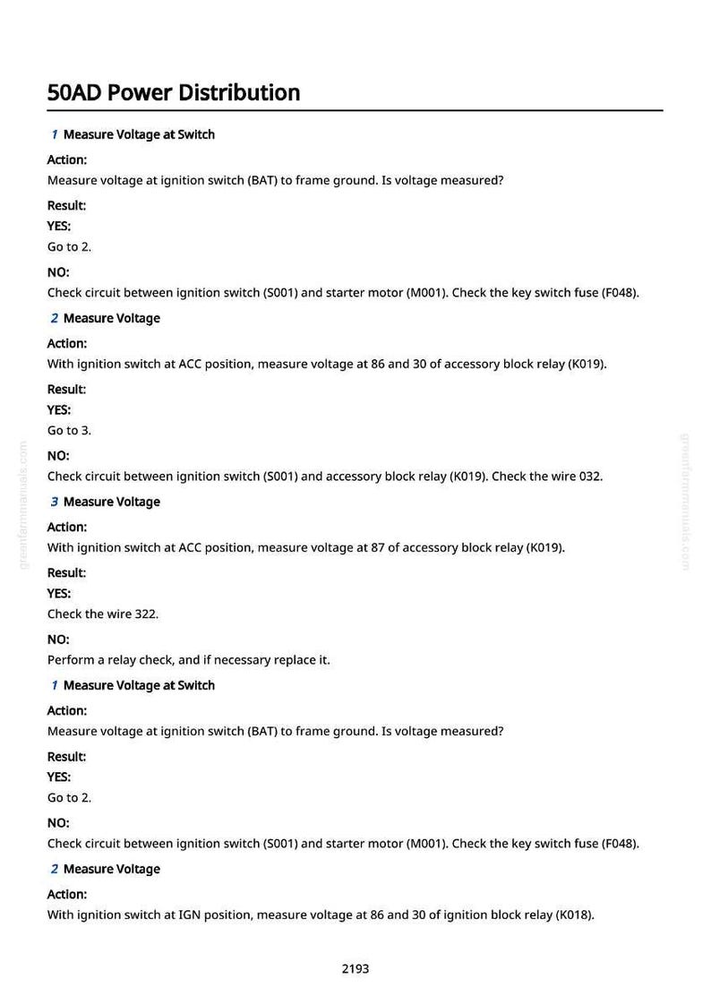 May include: A page from a manual detailing the 50AD Power Distribution system. The text includes instructions for measuring voltage at the switch, with actions, results, and troubleshooting steps. The document is in black text on a white background.