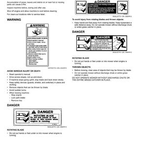 Puede incluir: Una p&aacute;gina de etiquetas de seguridad con advertencias sobre el funcionamiento de maquinaria. Las etiquetas incluyen texto y s&iacute;mbolos gr&aacute;ficos, como un tri&aacute;ngulo de advertencia y una persona cerca de una cuchilla giratoria. El texto advierte sobre peligros potenciales.