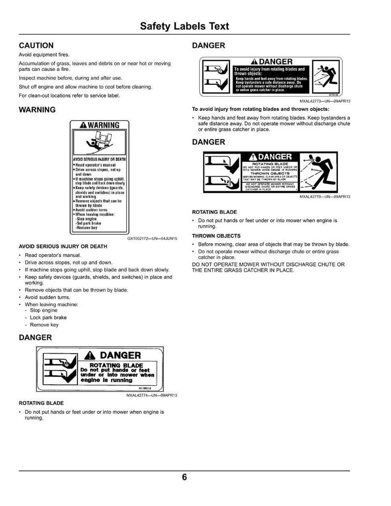Puede incluir: Una p&aacute;gina de etiquetas de seguridad con advertencias sobre el funcionamiento de maquinaria. Las etiquetas incluyen texto y s&iacute;mbolos gr&aacute;ficos, como un tri&aacute;ngulo de advertencia y una persona cerca de una cuchilla giratoria. El texto advierte sobre peligros potenciales.