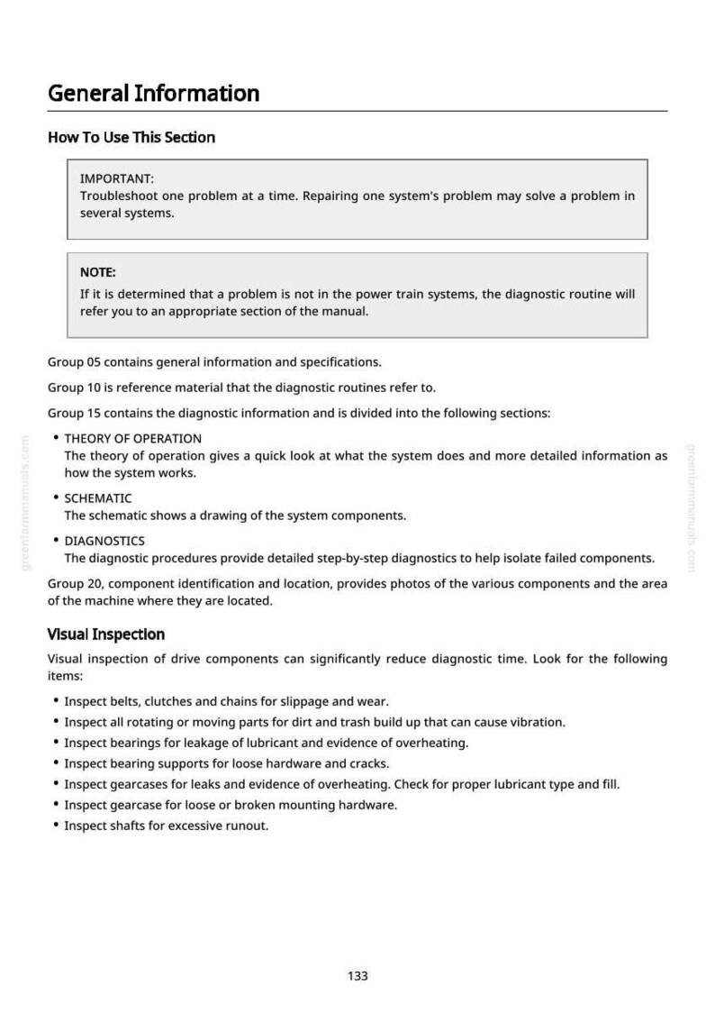 May include: A page from a manual with the title "General Information." The text includes instructions on troubleshooting, notes, and sections on theory of operation, schematics, and diagnostics. It also lists items for visual inspection.