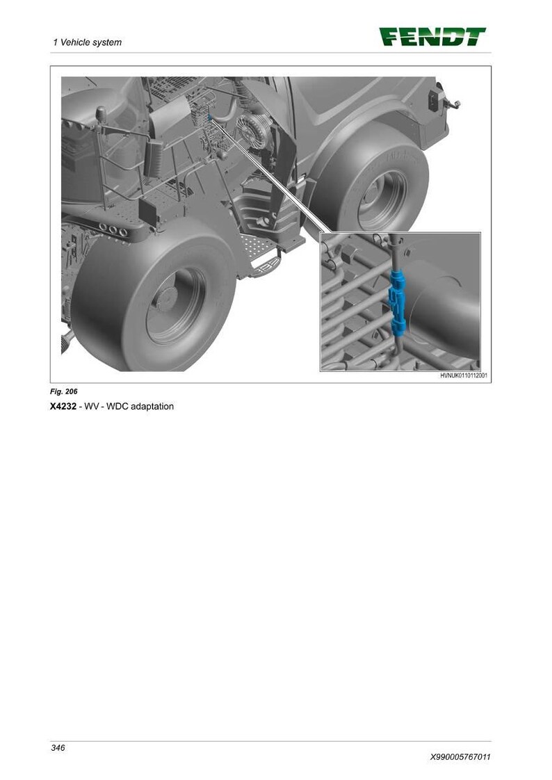May include: Diagram of a vehicle system, featuring a detailed view of mechanical components. The image includes the Fendt logo and text: "1 Vehicle system", "Fig. 206", and "X4232 - WV - WDC adaptation". A close-up shows a blue component.