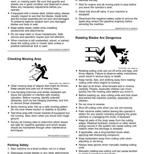 May include: A safety manual page with text and diagrams detailing mower operation safety. Instructions cover stopping the engine, checking the mowing area, and warnings about rotating blades. Diagrams illustrate potential hazards.