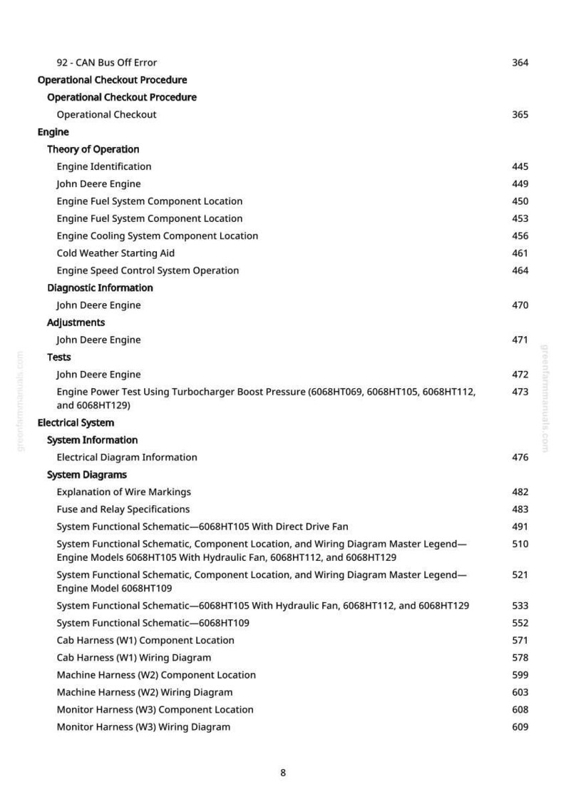 Puede incluir: Una p&aacute;gina de un manual con un &iacute;ndice. El texto incluye diagn&oacute;sticos del motor, informaci&oacute;n del sistema el&eacute;ctrico y diagramas de cableado. El n&uacute;mero de p&aacute;gina es 8.