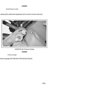 May include: A grayscale image of a mechanical component with a pressure gauge labeled 'A'. The gauge reads 0 psi. Text includes 'ZX336776' and instructions for checking the gauge.