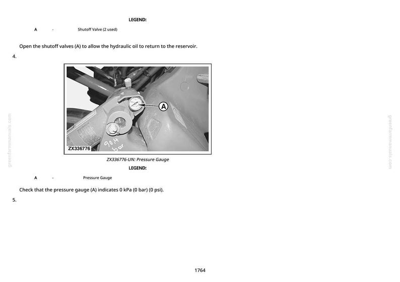 May include: A grayscale image of a mechanical component with a pressure gauge labeled 'A'. The gauge reads 0 psi. Text includes 'ZX336776' and instructions for checking the gauge.