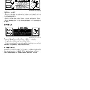 May include: A white page with black text and safety labels. The labels warn about rotating blades and thrown objects, with illustrations of a person and a lawnmower. The text includes safety instructions and certification information.