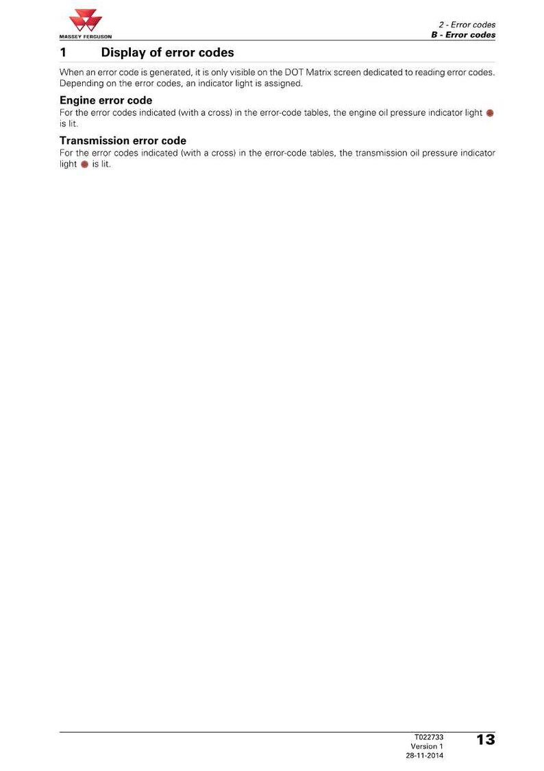 Op de afbeelding: Een witte pagina met tekst die foutcodes voor een Massey Ferguson-machine beschrijft. De tekst bevat "Weergave van foutcodes", "Motorfoutcode" en "Transmissiefoutcode". Het document bevat ook het Massey Ferguson-logo.