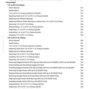 May include: A detailed table of contents from a manual, listing repair and maintenance procedures for a pickup system. Includes sections on inspection, replacement, and assembly of various components, with measurements in feet and inches.