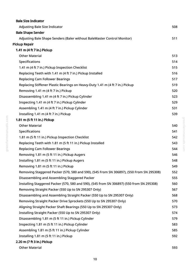 May include: A detailed table of contents from a manual, listing repair and maintenance procedures for a pickup system. Includes sections on inspection, replacement, and assembly of various components, with measurements in feet and inches.