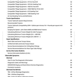 Pode incluir: Uma tabela de conte&uacute;dos detalhada de um manual, listando t&oacute;picos relacionados a equipamentos agr&iacute;colas. Os t&oacute;picos incluem lavoura, especifica&ccedil;&otilde;es do trator, especifica&ccedil;&otilde;es de reparo e diagn&oacute;sticos el&eacute;tricos. Os n&uacute;meros das p&aacute;ginas est&atilde;o &agrave; direita.