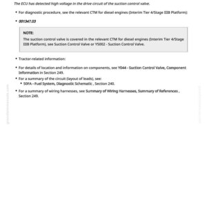 May include: A white document detailing "ECU 001347.03 - High Voltage in Circuit of Suction Control Valve." It explains a high voltage fault in the suction control valve circuit, with references to diagnostic procedures and components.