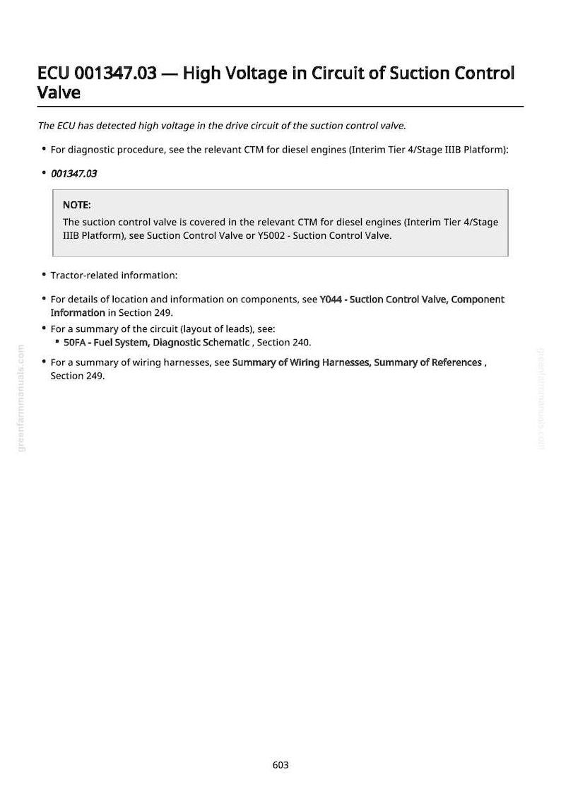 May include: A white document detailing "ECU 001347.03 - High Voltage in Circuit of Suction Control Valve." It explains a high voltage fault in the suction control valve circuit, with references to diagnostic procedures and components.