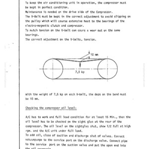 Puede incluir: Un diagrama t&eacute;cnico de un manual, que detalla el mantenimiento del compresor. El diagrama muestra un sistema de correa trapezoidal con medidas: una curva de 10 mm con un peso de 7,5 kp. El texto explica los controles del nivel de aceite.