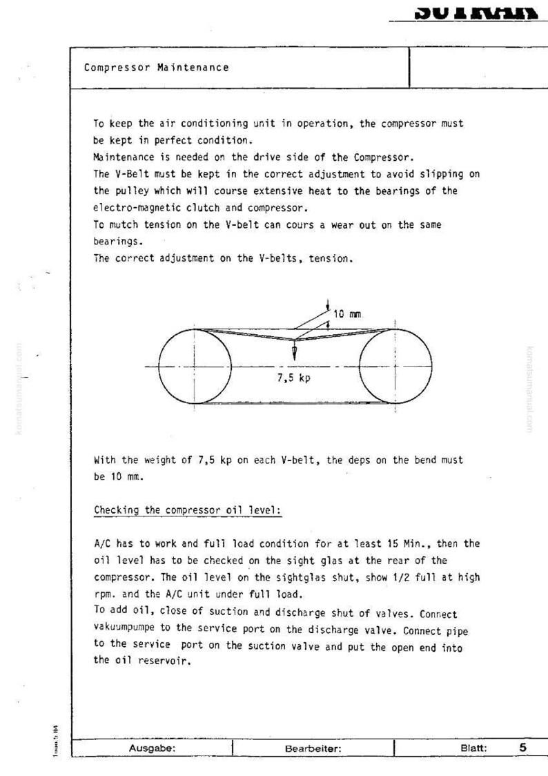 Puede incluir: Un diagrama t&eacute;cnico de un manual, que detalla el mantenimiento del compresor. El diagrama muestra un sistema de correa trapezoidal con medidas: una curva de 10 mm con un peso de 7,5 kp. El texto explica los controles del nivel de aceite.